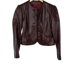 Foxmoor Vintage 80s Burgundy Leather Cropped Jacket Puff Shoulder Womens 9-10